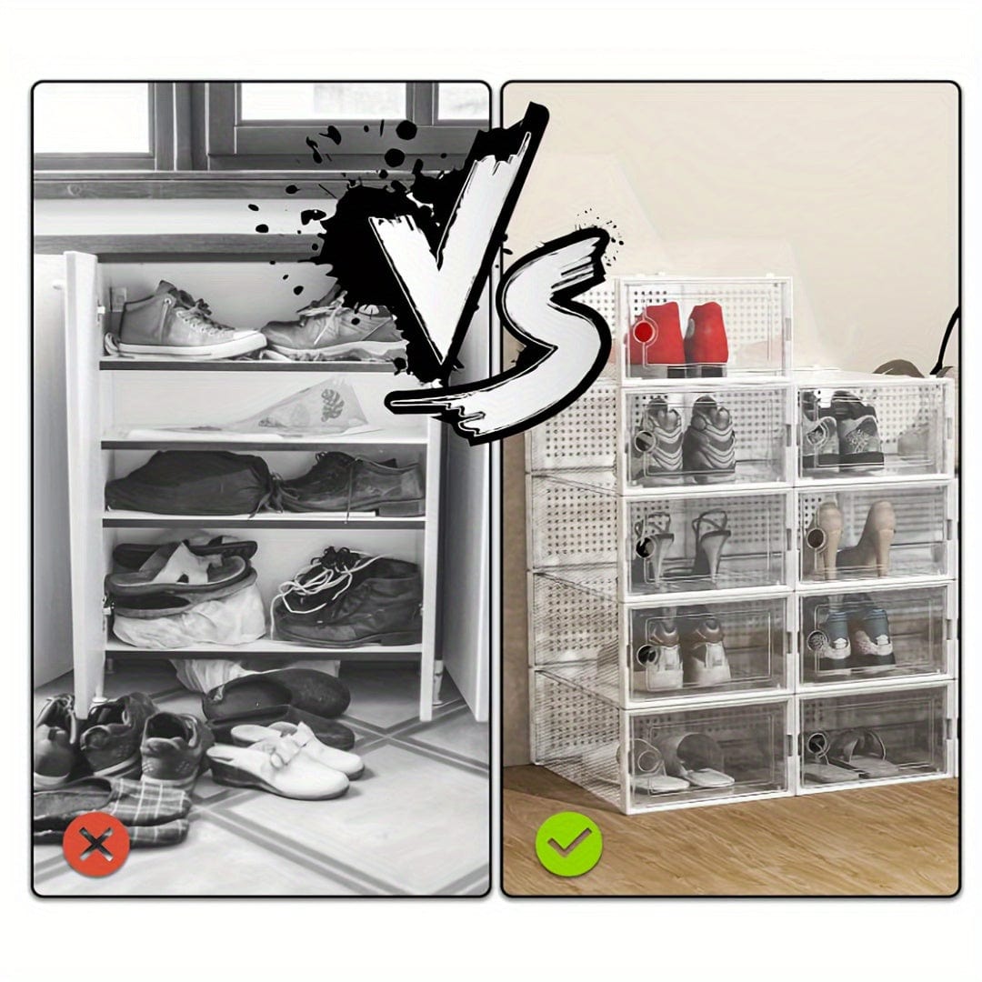 6 Stück transparente Schuhboxen mit Deckel, faltbarer stapelbarer Schuhregal in freier Kombination, verstärkter Kunststoff-Sneaker-Behälter, platzsparender Lagerorganisator für Eingangsbereich, Schlafzimmer, Zuhause, Wohnheim