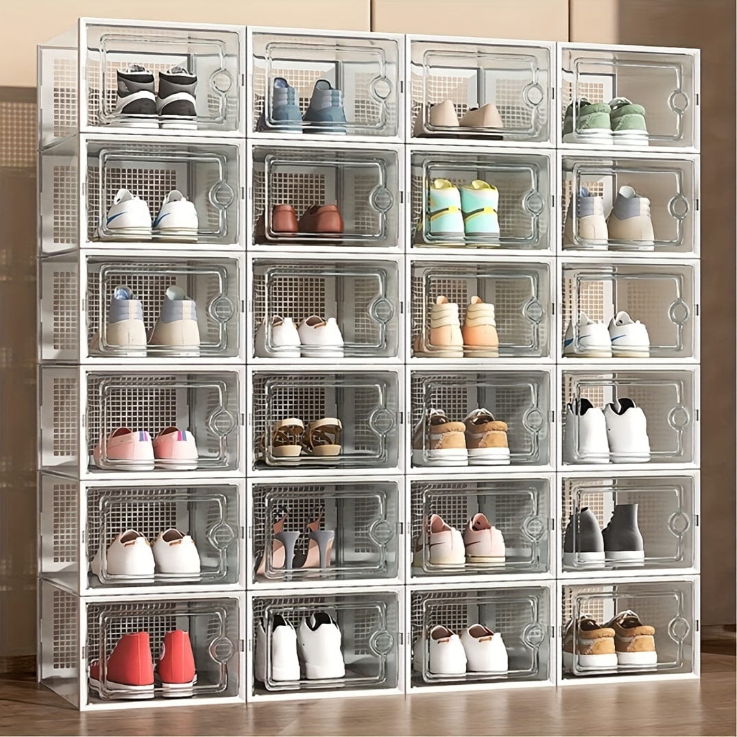 6 Stück transparente Schuhboxen mit Deckel, faltbarer stapelbarer Schuhregal in freier Kombination, verstärkter Kunststoff-Sneaker-Behälter, platzsparender Lagerorganisator für Eingangsbereich, Schlafzimmer, Zuhause, Wohnheim