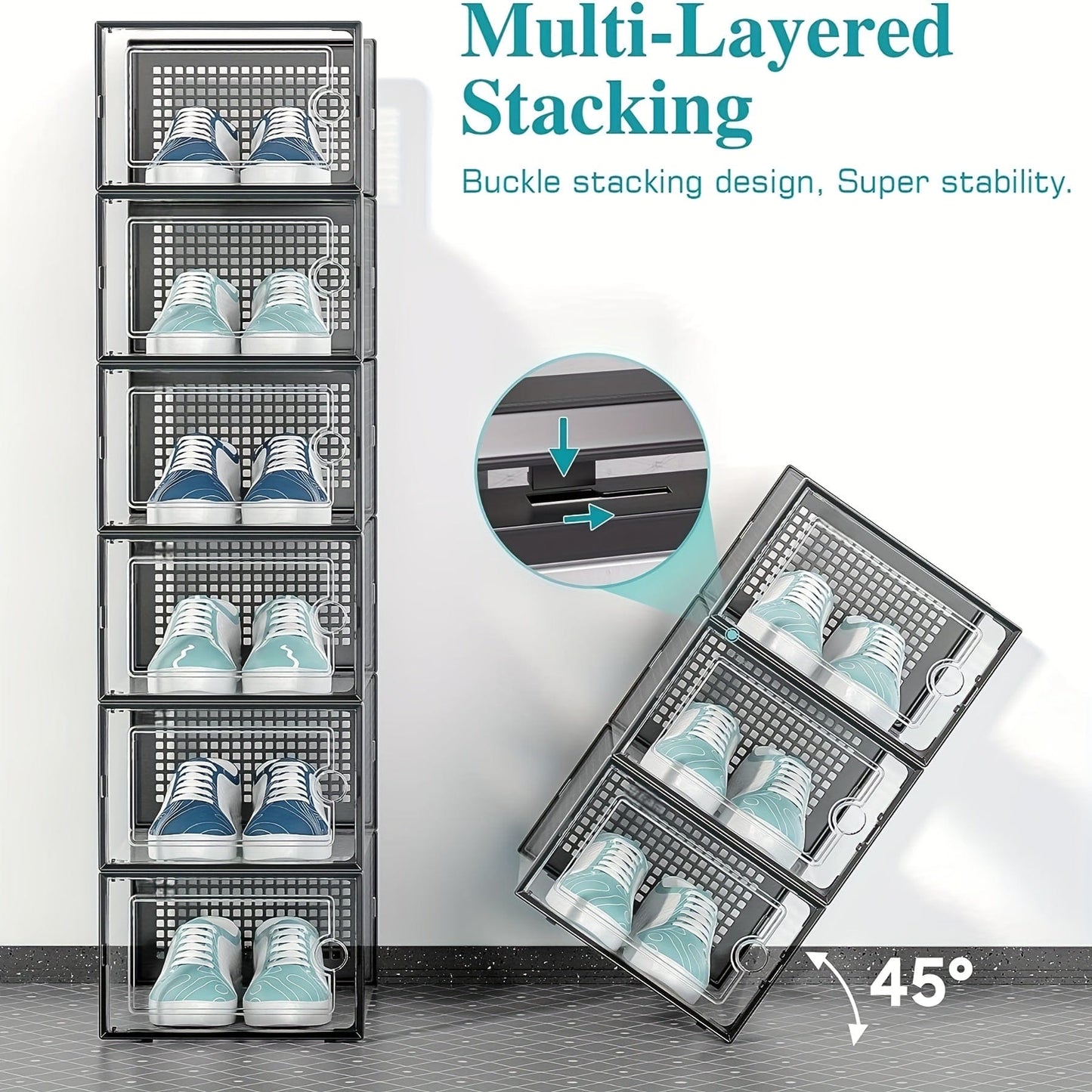 6 Stück transparente Schuhboxen mit Deckel, faltbarer stapelbarer Schuhregal in freier Kombination, verstärkter Kunststoff-Sneaker-Behälter, platzsparender Lagerorganisator für Eingangsbereich, Schlafzimmer, Zuhause, Wohnheim