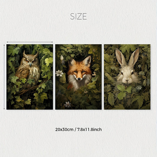3pcs/set Unframed Canvas Poster, Retro Kunst, Magischer Wald Tier Wandkunst, Waldhexe Wandkunst, Waldtier Poster, Ideales Geschenk Für Schlafzimmer Wohnzimmer Flur, Wandkunst, Wanddekoration, Winterdekoration, Zimmerdekoration