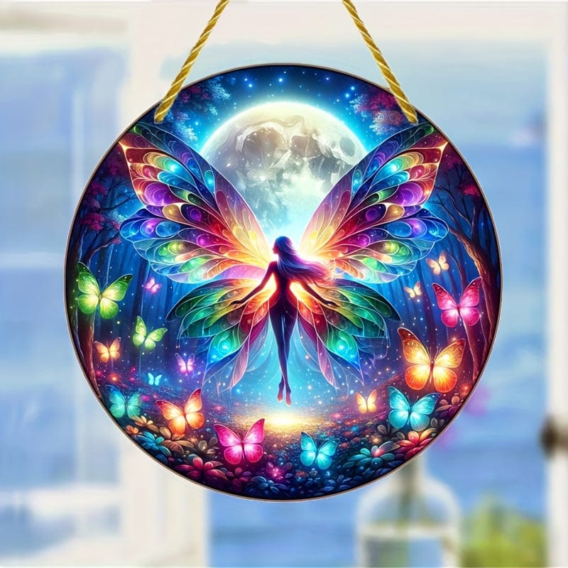 1 Stück, Fee Suncatcher, Schmetterlingselfen Färben Plastik Fensterhänger, Acrylzeichen, Hängende Verzierung, Rundes Zeichen, Girlanden Dekor, Feiertagsgeschenk (6x6 Zoll 15CMx15CM) Fensterdekoration, Wanddekoration, Wohnkultur, Zimmerdekoration