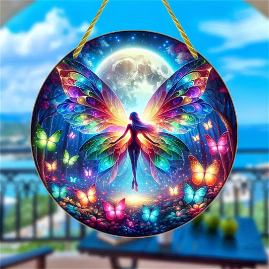 1 Stück, Fee Suncatcher, Schmetterlingselfen Färben Plastik Fensterhänger, Acrylzeichen, Hängende Verzierung, Rundes Zeichen, Girlanden Dekor, Feiertagsgeschenk (6x6 Zoll 15CMx15CM) Fensterdekoration, Wanddekoration, Wohnkultur, Zimmerdekoration