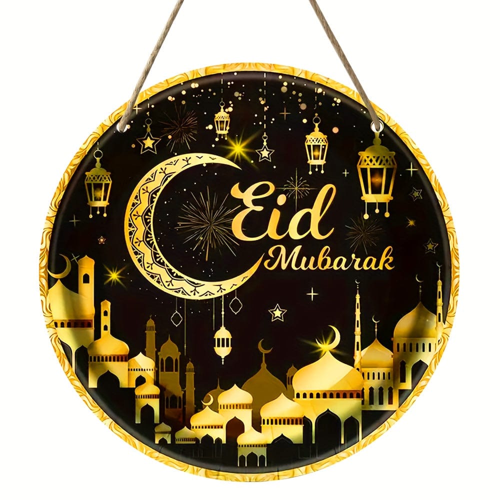 1 Stück Rund Holz Hängeschild, Ramadan Holz Hängeplakette, Eingangs Tür Veranda Wohnzimmer Schlafzimmer Heim Dekoration, Rustikale Wand Kunst Deko, Innen und Außen Frühling Dekor, Eid al-Adha Dekoration