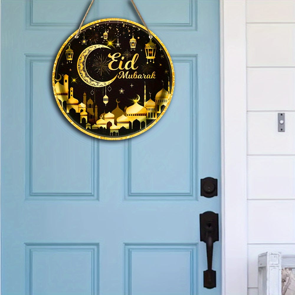 1 Stück Rund Holz Hängeschild, Ramadan Holz Hängeplakette, Eingangs Tür Veranda Wohnzimmer Schlafzimmer Heim Dekoration, Rustikale Wand Kunst Deko, Innen und Außen Frühling Dekor, Eid al-Adha Dekoration