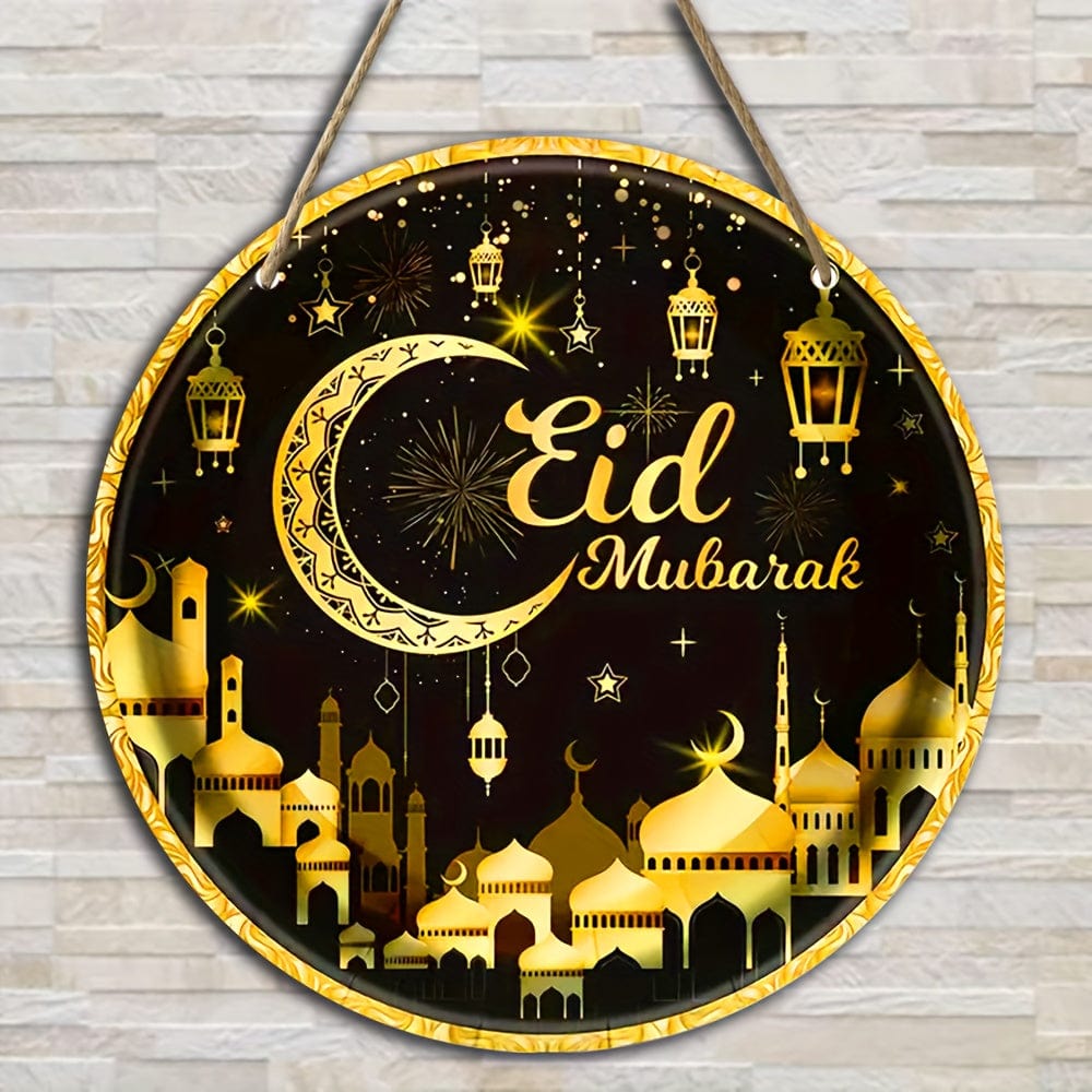 1 Stück Rund Holz Hängeschild, Ramadan Holz Hängeplakette, Eingangs Tür Veranda Wohnzimmer Schlafzimmer Heim Dekoration, Rustikale Wand Kunst Deko, Innen und Außen Frühling Dekor, Eid al-Adha Dekoration