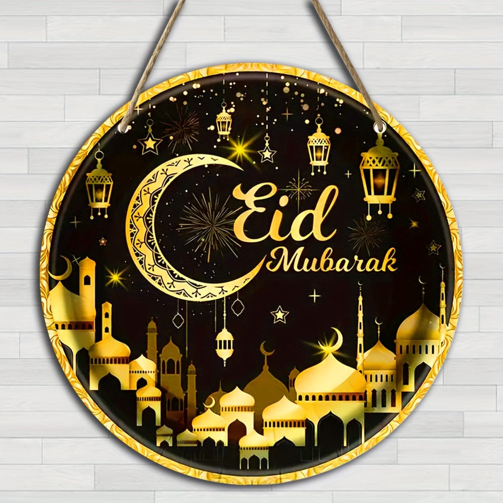 1 Stück Rund Holz Hängeschild, Ramadan Holz Hängeplakette, Eingangs Tür Veranda Wohnzimmer Schlafzimmer Heim Dekoration, Rustikale Wand Kunst Deko, Innen und Außen Frühling Dekor, Eid al-Adha Dekoration