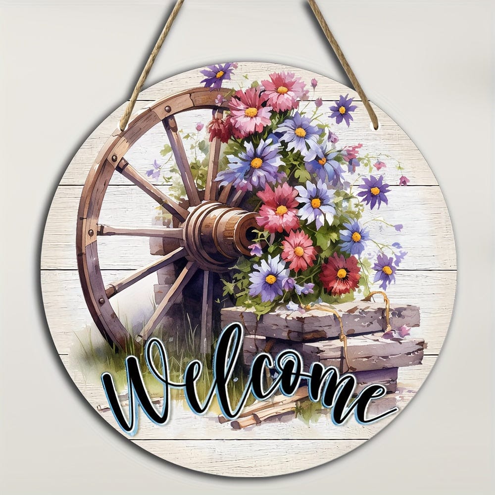 1pc Frühlings Willkommensschild, Vintage Girlande Holz Hängeschild, Holz Hängeplakette, Eingangstür Veranda Wohnzimmer Schlafzimmer Wohnkultur, Rustikaler runder Wandschmuck