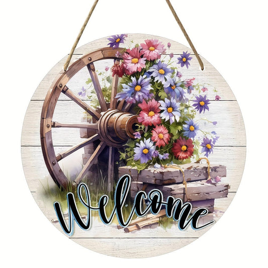 1pc Frühlings Willkommensschild, Vintage Girlande Holz Hängeschild, Holz Hängeplakette, Eingangstür Veranda Wohnzimmer Schlafzimmer Wohnkultur, Rustikaler runder Wandschmuck