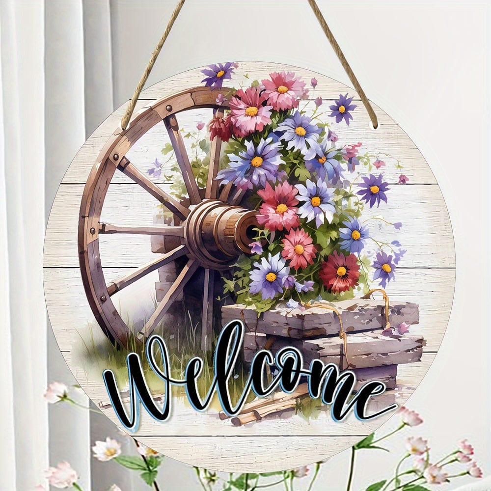 1pc Frühlings Willkommensschild, Vintage Girlande Holz Hängeschild, Holz Hängeplakette, Eingangstür Veranda Wohnzimmer Schlafzimmer Wohnkultur, Rustikaler runder Wandschmuck