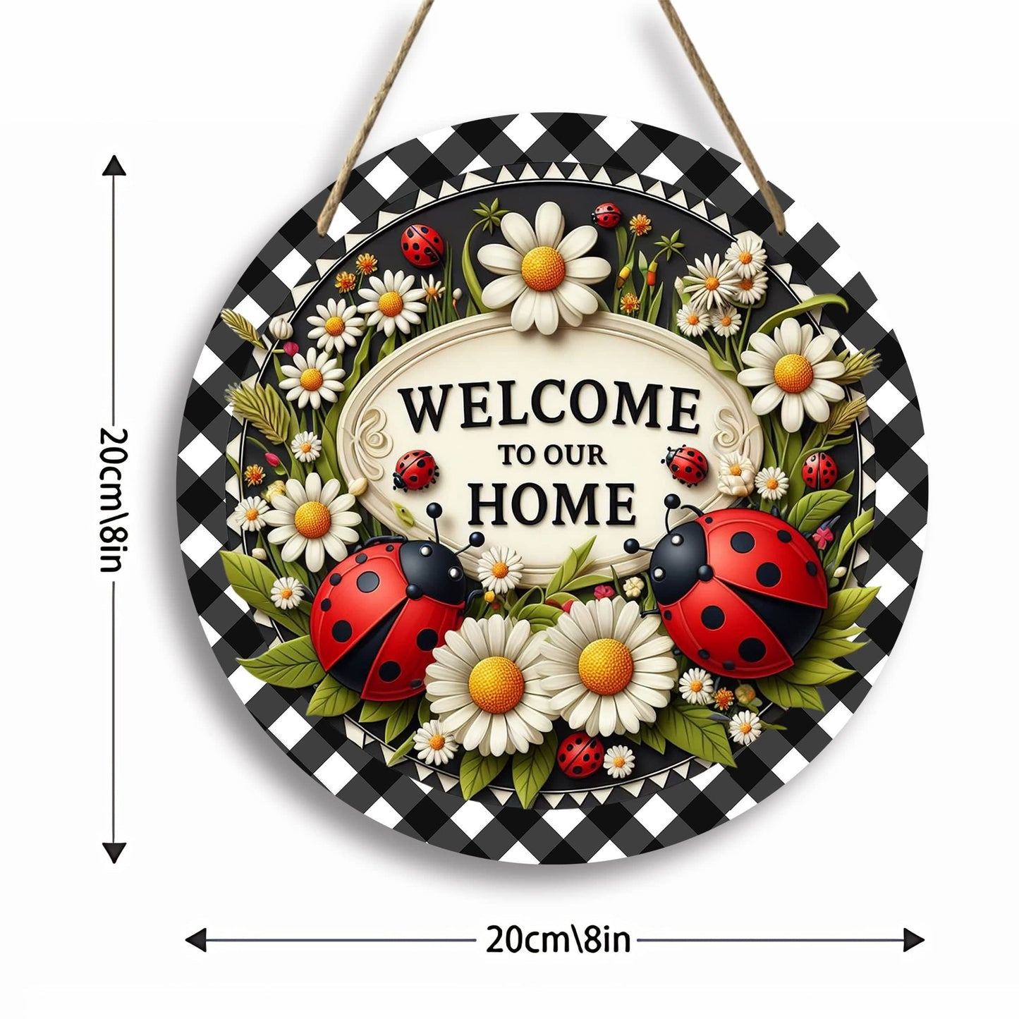 Marienkäfer Kranz Schild 1 Stück Sieben-Sterne Marienkäfer Willkommen Schild Frühling Feiertag Tür Wand Dekoration Runde Holzschild für Zuhause Raum Bauernhaus Veranda