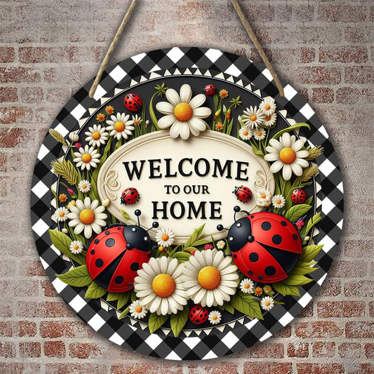 Marienkäfer Kranz Schild 1 Stück Sieben-Sterne Marienkäfer Willkommen Schild Frühling Feiertag Tür Wand Dekoration Runde Holzschild für Zuhause Raum Bauernhaus Veranda