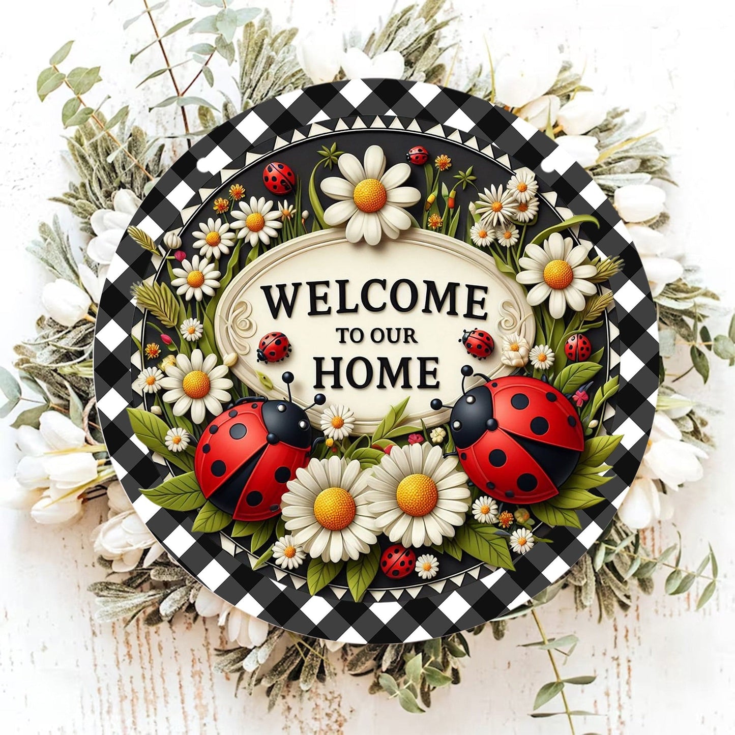 Marienkäfer Kranz Schild 1 Stück Sieben-Sterne Marienkäfer Willkommen Schild Frühling Feiertag Tür Wand Dekoration Runde Holzschild für Zuhause Raum Bauernhaus Veranda
