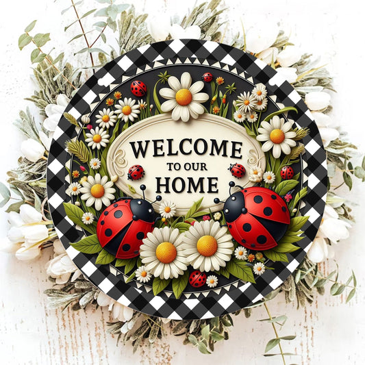 Marienkäfer Kranz Schild 1 Stück Sieben-Sterne Marienkäfer Willkommen Schild Frühling Feiertag Tür Wand Dekoration Runde Holzschild für Zuhause Raum Bauernhaus Veranda