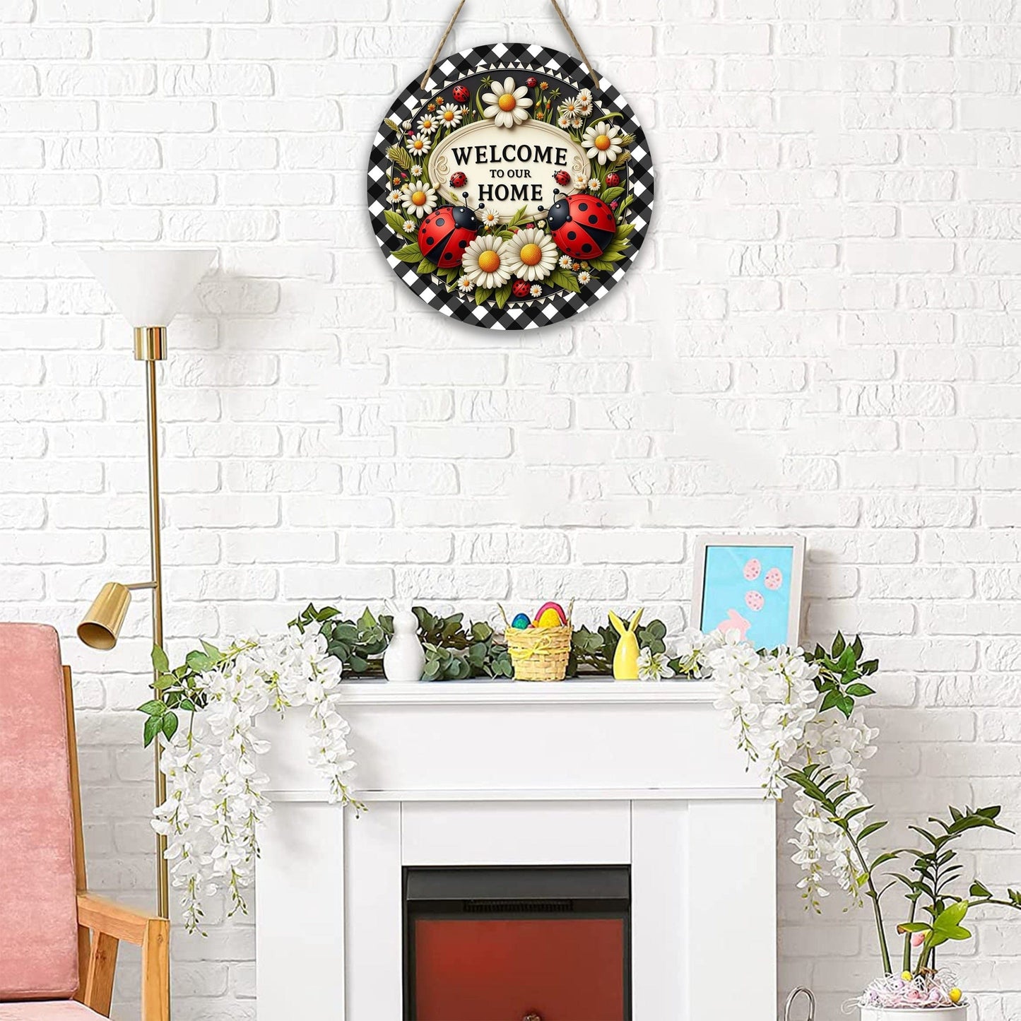 Marienkäfer Kranz Schild 1 Stück Sieben-Sterne Marienkäfer Willkommen Schild Frühling Feiertag Tür Wand Dekoration Runde Holzschild für Zuhause Raum Bauernhaus Veranda
