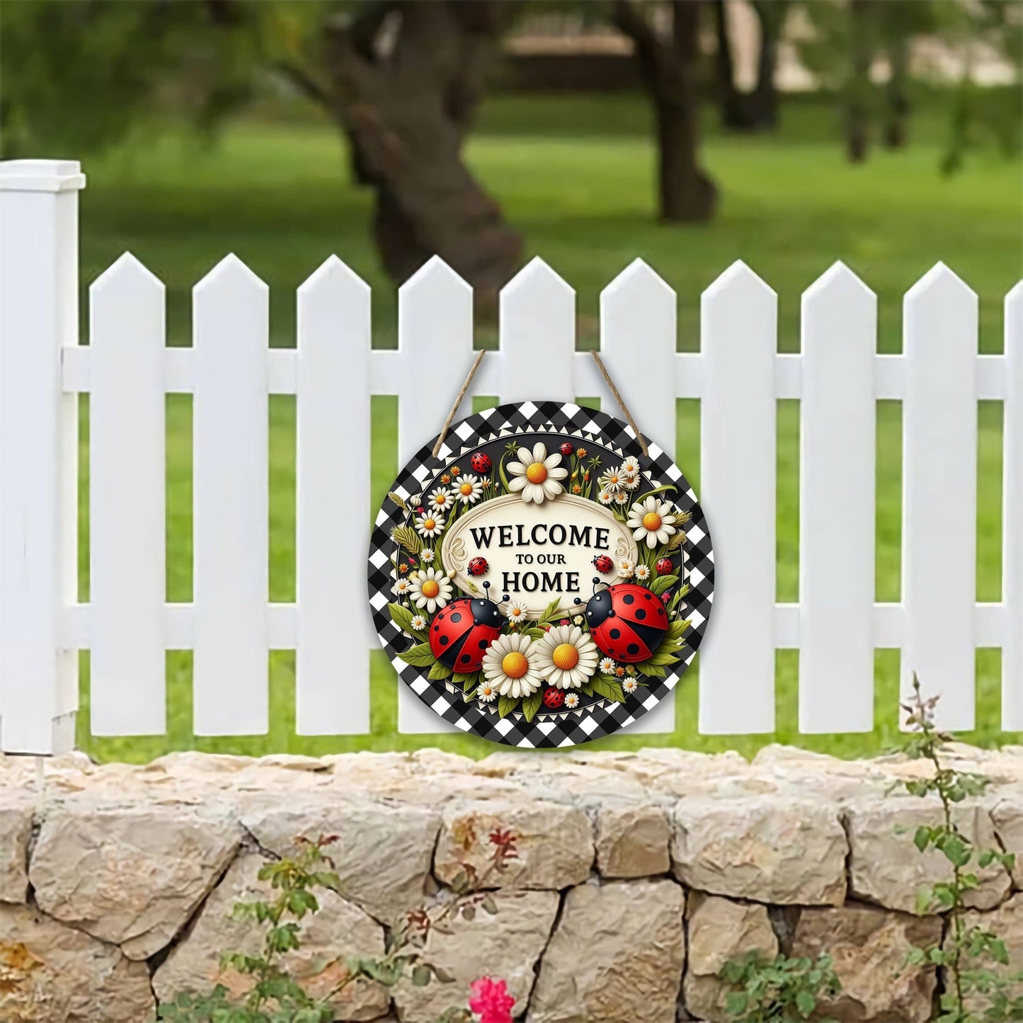 Marienkäfer Kranz Schild 1 Stück Sieben-Sterne Marienkäfer Willkommen Schild Frühling Feiertag Tür Wand Dekoration Runde Holzschild für Zuhause Raum Bauernhaus Veranda