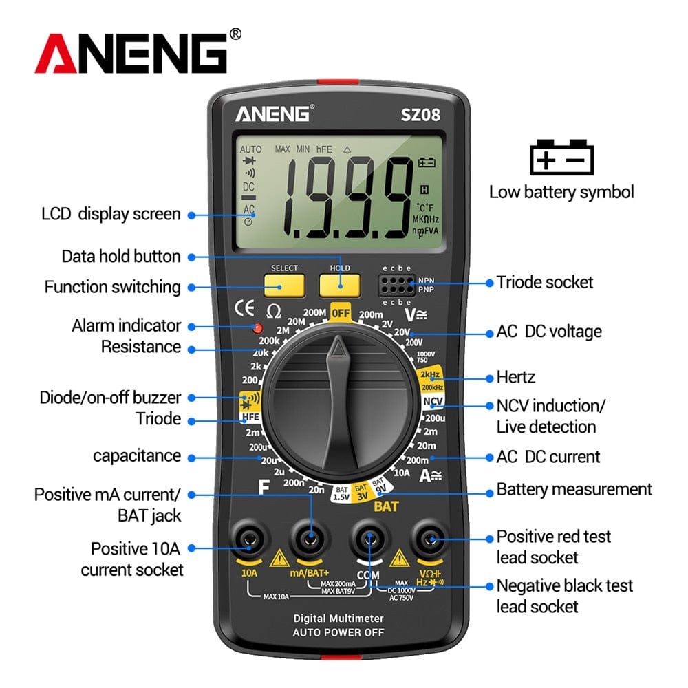 ANENG SZ08 Digital Multimeter ultra-thin memory professional multimeter auto voltmeter AC DC 220V resistance portable tester