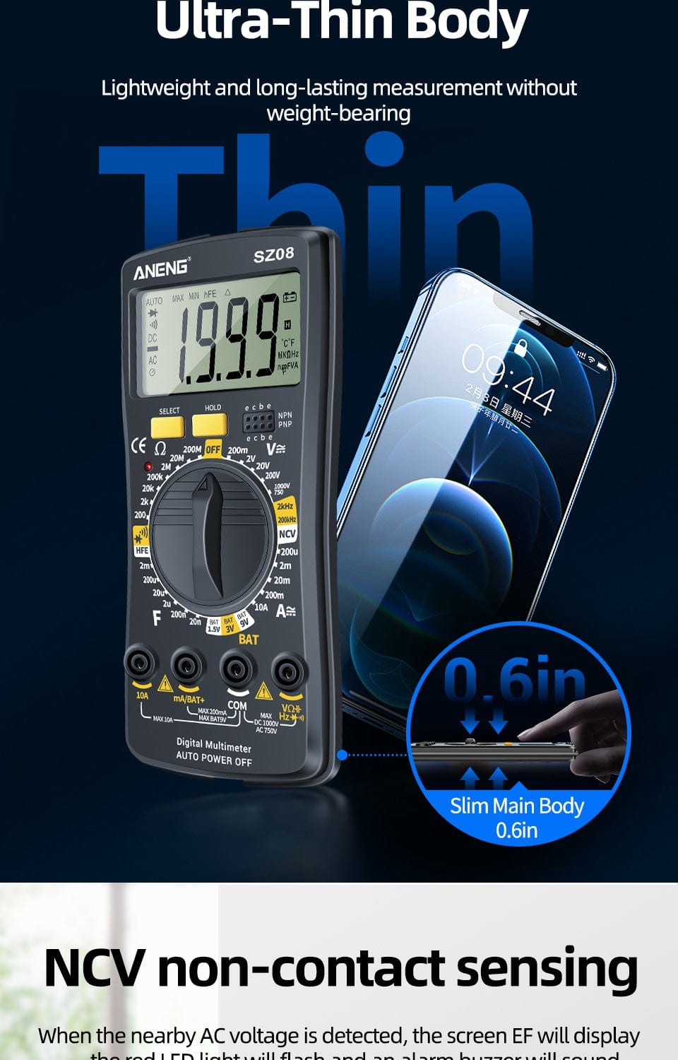 ANENG SZ08 Digital Multimeter ultra-thin memory professional multimeter auto voltmeter AC DC 220V resistance portable tester