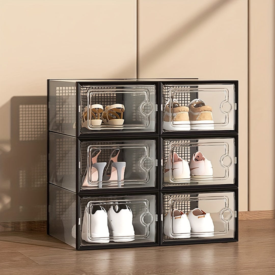 6 Stück transparente Schuhboxen mit Deckel, faltbarer stapelbarer Schuhregal in freier Kombination, verstärkter Kunststoff-Sneaker-Behälter, platzsparender Lagerorganisator für Eingangsbereich, Schlafzimmer, Zuhause, Wohnheim