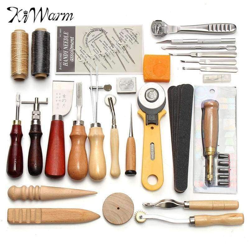 KiWarm Professional 37 Piece Leathercraft Tool Set Hand Sewing Hole Punch Tool Carving Work Saddle Leather Processing Accessories