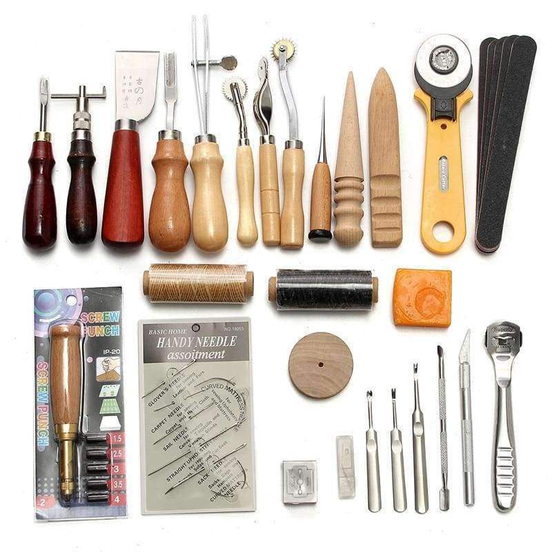 KiWarm Professional 37 Piece Leathercraft Tool Set Hand Sewing Hole Punch Tool Carving Work Saddle Leather Processing Accessories