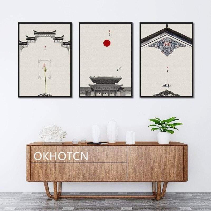 Klassische Architektur Lotus Rote Sonne Wandkunst Leinwandmalerei Poster und Drucke Wandbilder für das Wohnzimmer
