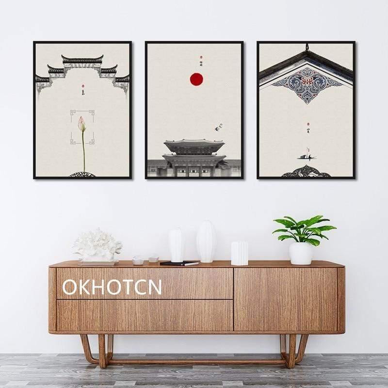 Klassische Architektur Lotus Rote Sonne Wandkunst Leinwandmalerei Poster und Drucke Wandbilder für das Wohnzimmer