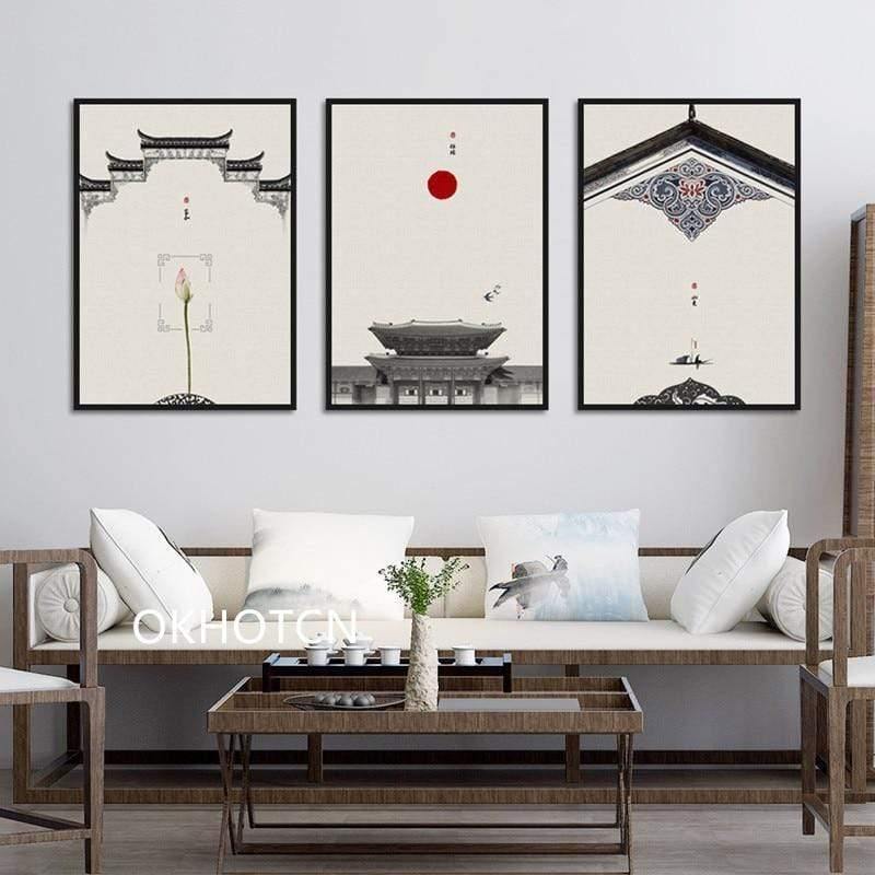 Klassische Architektur Lotus Rote Sonne Wandkunst Leinwandmalerei Poster und Drucke Wandbilder für das Wohnzimmer
