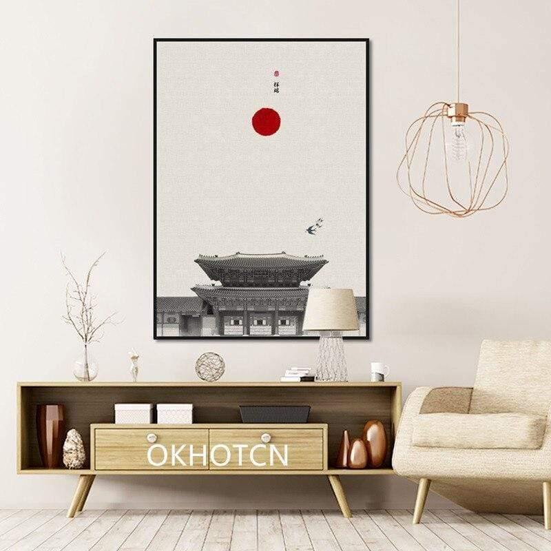 Klassische Architektur Lotus Rote Sonne Wandkunst Leinwandmalerei Poster und Drucke Wandbilder für das Wohnzimmer