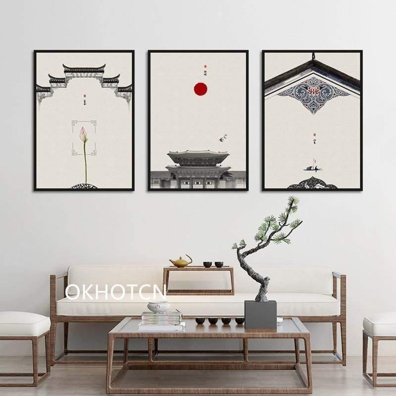 Klassische Architektur Lotus Rote Sonne Wandkunst Leinwandmalerei Poster und Drucke Wandbilder für das Wohnzimmer