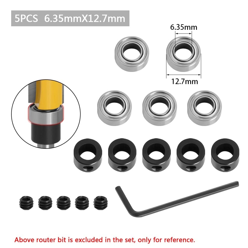 Durable steel bearing accessory kit fits for router bits heads and shank top mounted 1/2, 3/8, 3/4 bearing &amp; retaining ring