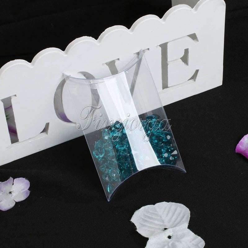 50 sts/lot Klare PVC Kissenboxen Hochzeitsgeschenk / Baby Shower Junge / Braut Süßigkeiten Geschenkbox Partybedarf