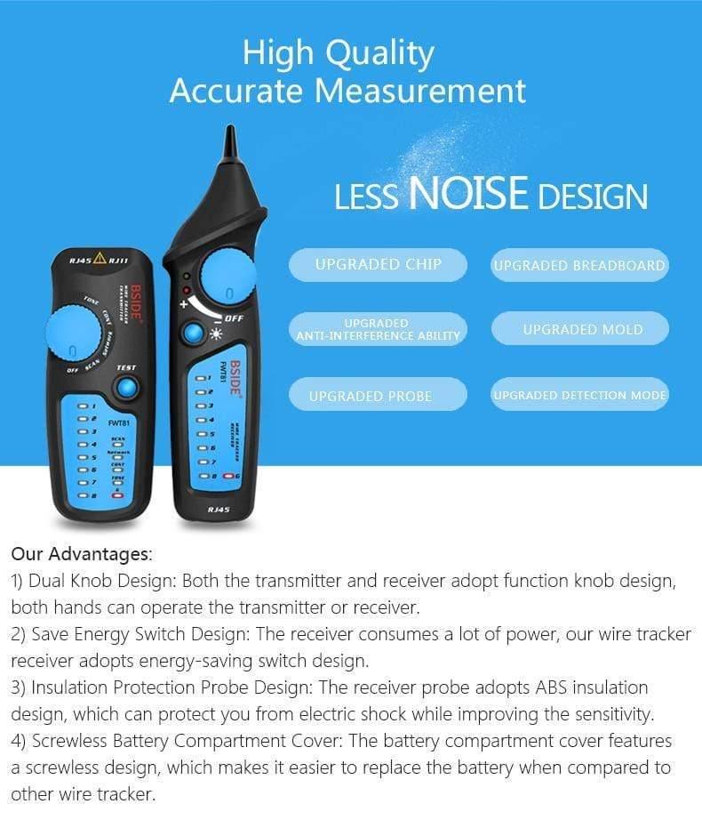 FWT81 Cable Tracker RJ45 RJ11 Telephone Wire Network LAN TV Electric Line Finder Tester With AVD06 Dual-Mode Non-Contact Voltage Detector AC 12-1000V Auto/Manual NCV Tester Live Wire Check Sensitivity Adjustable