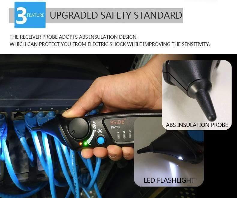 FWT81 Cable Tracker RJ45 RJ11 Telephone Wire Network LAN TV Electric Line Finder Tester With AVD06 Dual-Mode Non-Contact Voltage Detector AC 12-1000V Auto/Manual NCV Tester Live Wire Check Sensitivity Adjustable