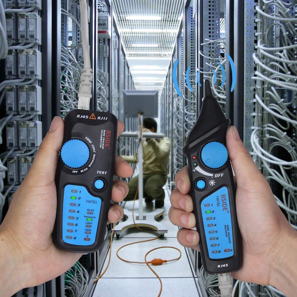 FWT81 Cable Tracker RJ45 RJ11 Telephone Wire Network LAN TV Electric Line Finder Tester With AVD06 Dual-Mode Non-Contact Voltage Detector AC 12-1000V Auto/Manual NCV Tester Live Wire Check Sensitivity Adjustable
