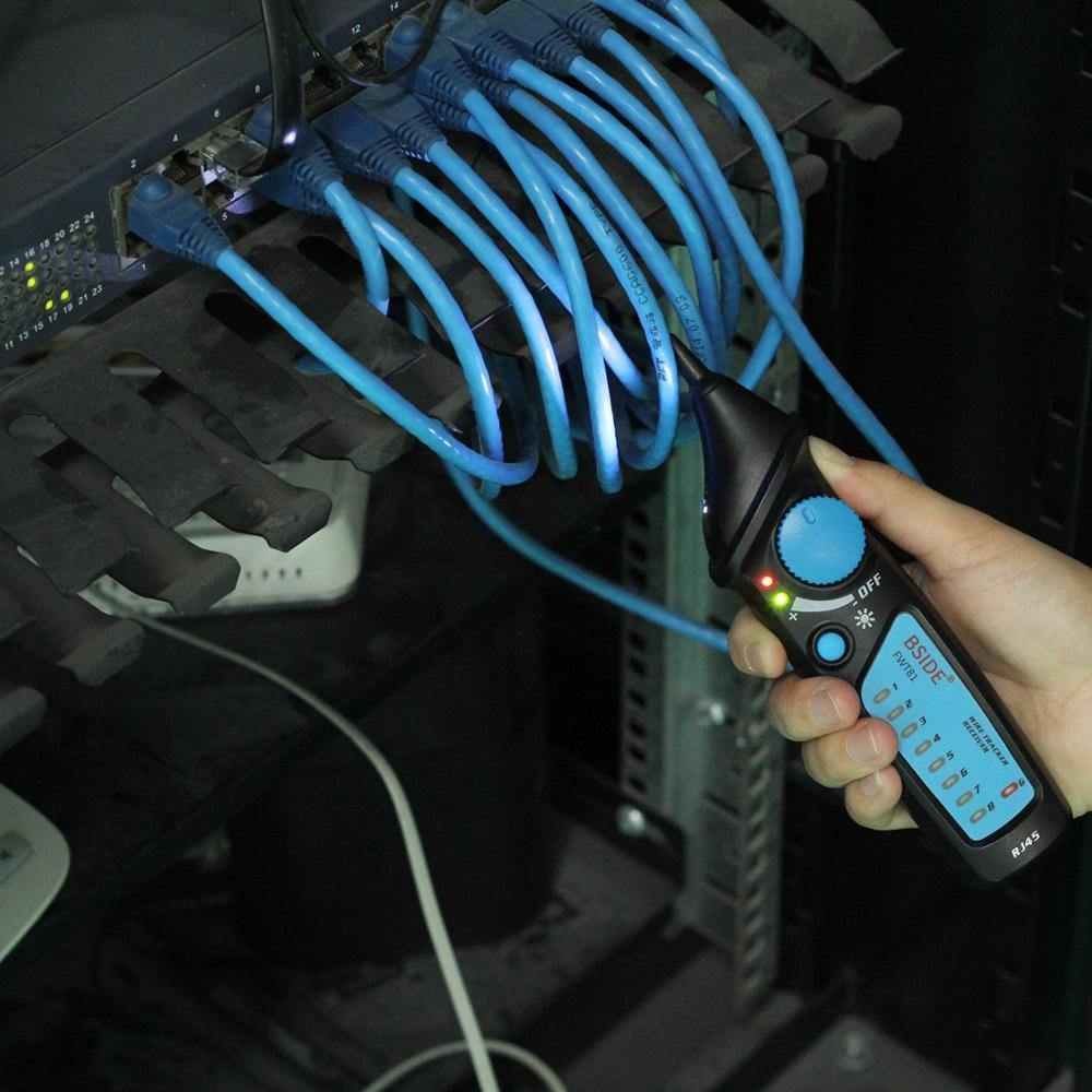 FWT81 Cable Tracker RJ45 RJ11 Telephone Wire Network LAN TV Electric Line Finder Tester With AVD06 Dual-Mode Non-Contact Voltage Detector AC 12-1000V Auto/Manual NCV Tester Live Wire Check Sensitivity Adjustable