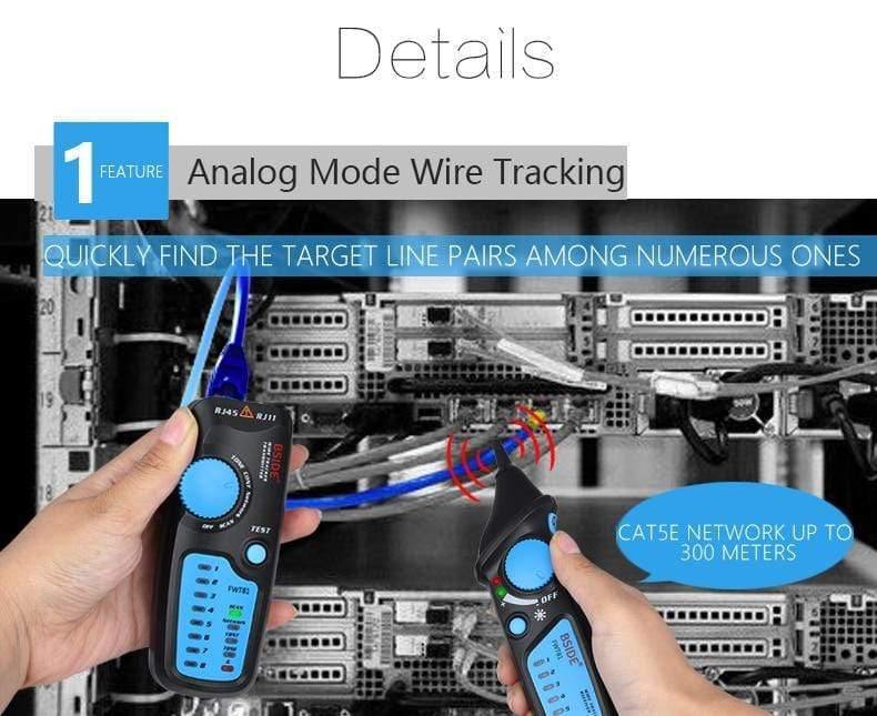 FWT81 Cable Tracker RJ45 RJ11 Telephone Wire Network LAN TV Electric Line Finder Tester With AVD06 Dual-Mode Non-Contact Voltage Detector AC 12-1000V Auto/Manual NCV Tester Live Wire Check Sensitivity Adjustable