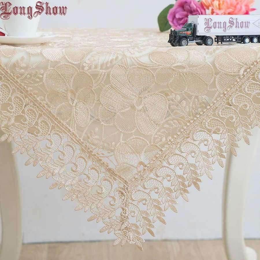 Leichtkaffee Pure Organza Spitzeneinfassung LOTUS Bestickte Tischdecke