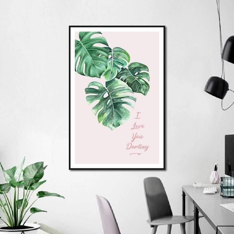 Grünes Blatt Rosa Hintergrund Frische Nordic Stil Wandkunst Leinwanddruck HD Bild Für Wohnzimmer Wohnkultur