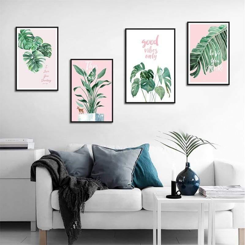 Grünes Blatt Rosa Hintergrund Frische Nordic Stil Wandkunst Leinwanddruck HD Bild Für Wohnzimmer Wohnkultur