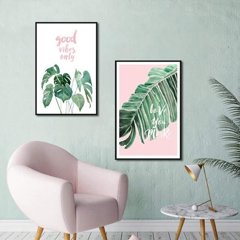 Grünes Blatt Rosa Hintergrund Frische Nordic Stil Wandkunst Leinwanddruck HD Bild Für Wohnzimmer Wohnkultur