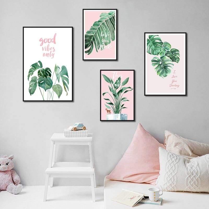 Grünes Blatt Rosa Hintergrund Frische Nordic Stil Wandkunst Leinwanddruck HD Bild Für Wohnzimmer Wohnkultur