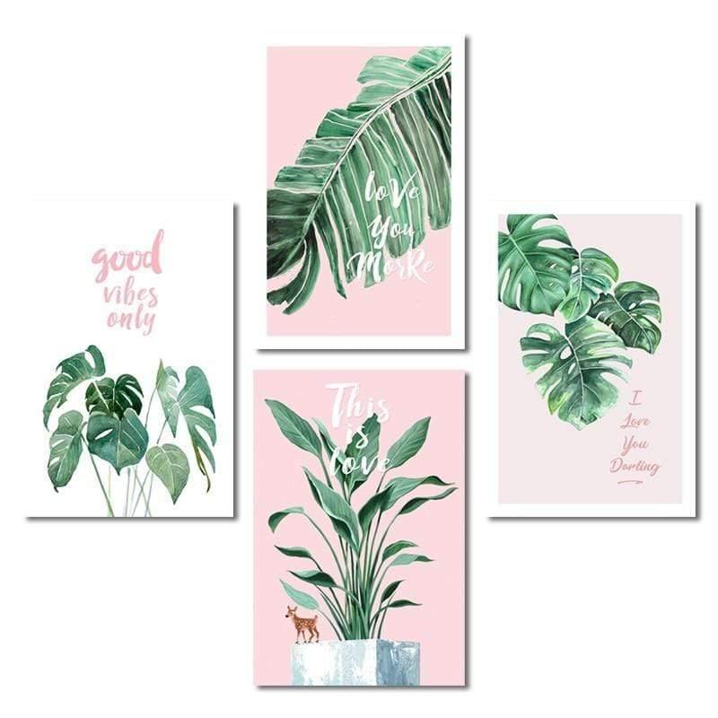 Grünes Blatt Rosa Hintergrund Frische Nordic Stil Wandkunst Leinwanddruck HD Bild Für Wohnzimmer Wohnkultur