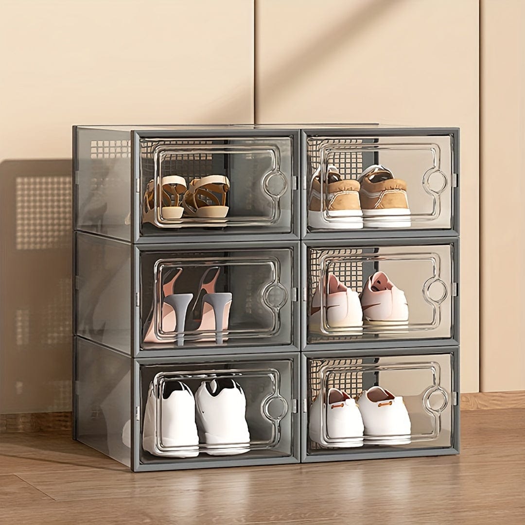 6 Stück transparente Schuhboxen mit Deckel, faltbarer stapelbarer Schuhregal in freier Kombination, verstärkter Kunststoff-Sneaker-Behälter, platzsparender Lagerorganisator für Eingangsbereich, Schlafzimmer, Zuhause, Wohnheim
