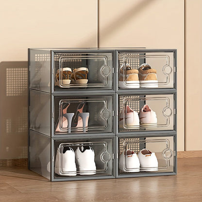 6 Stück transparente Schuhboxen mit Deckel, faltbarer stapelbarer Schuhregal in freier Kombination, verstärkter Kunststoff-Sneaker-Behälter, platzsparender Lagerorganisator für Eingangsbereich, Schlafzimmer, Zuhause, Wohnheim