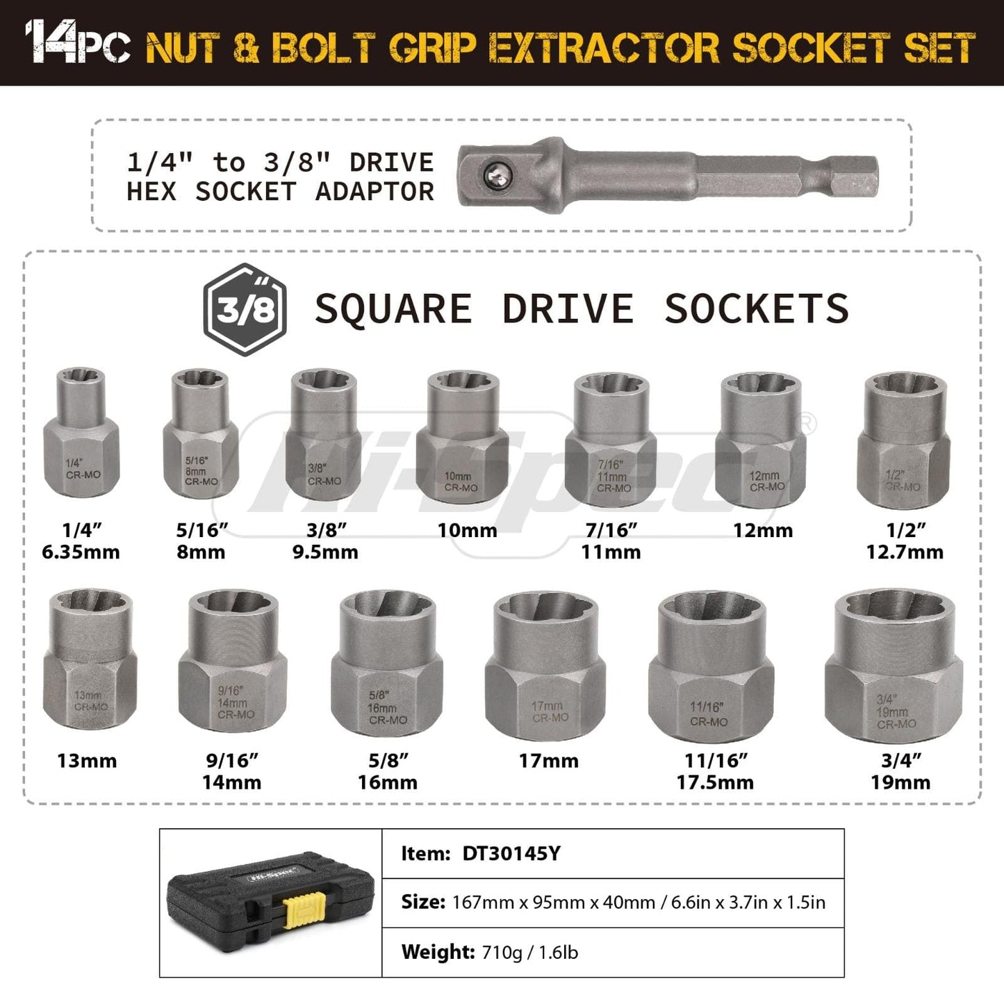 Hi-Spec 14-piece damaged screw extractor Cr-Mo steel bolt nut remover automotive tool set hand tool set 6.35 -19m in toolbox