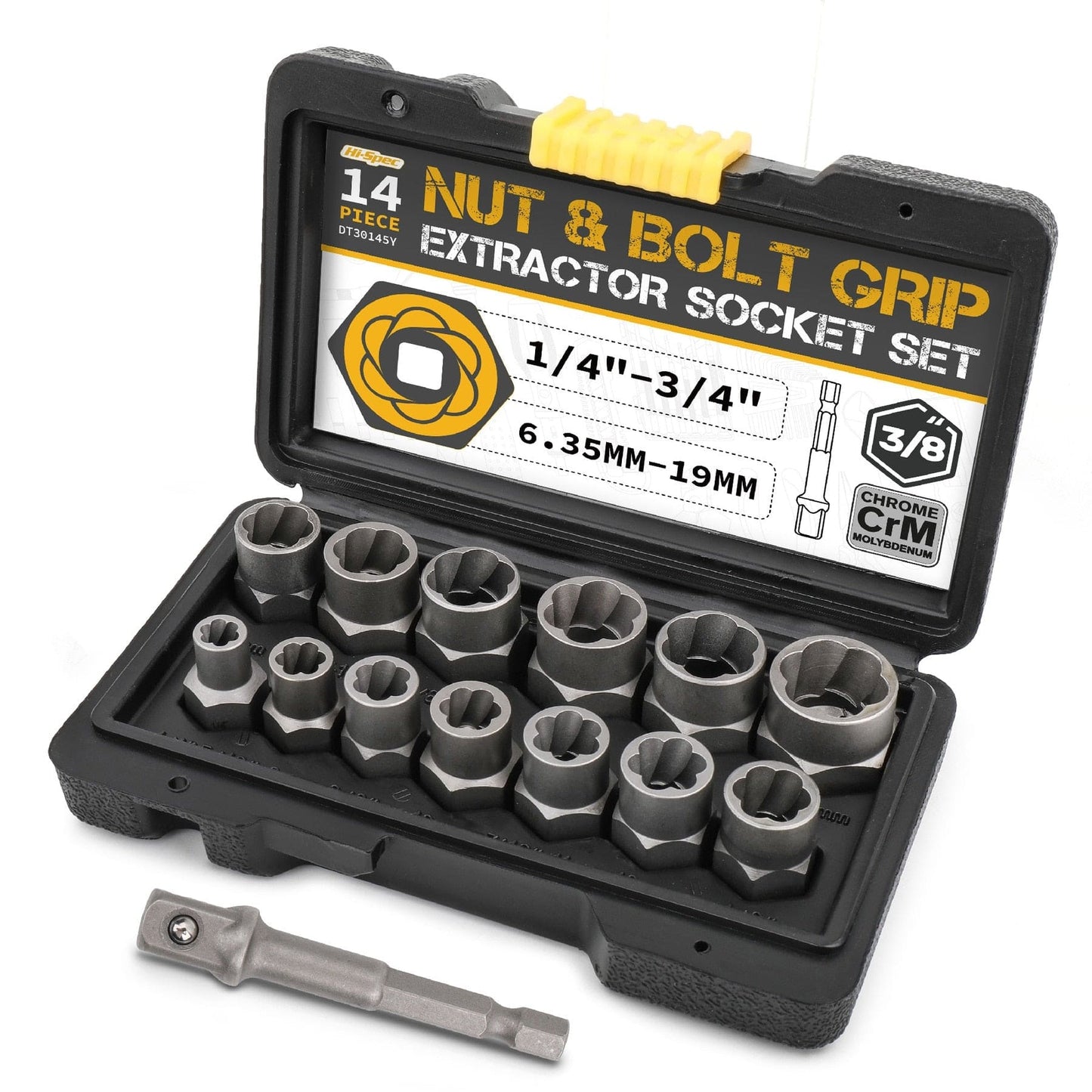 Hi-Spec 14-piece damaged screw extractor Cr-Mo steel bolt nut remover automotive tool set hand tool set 6.35 -19m in toolbox