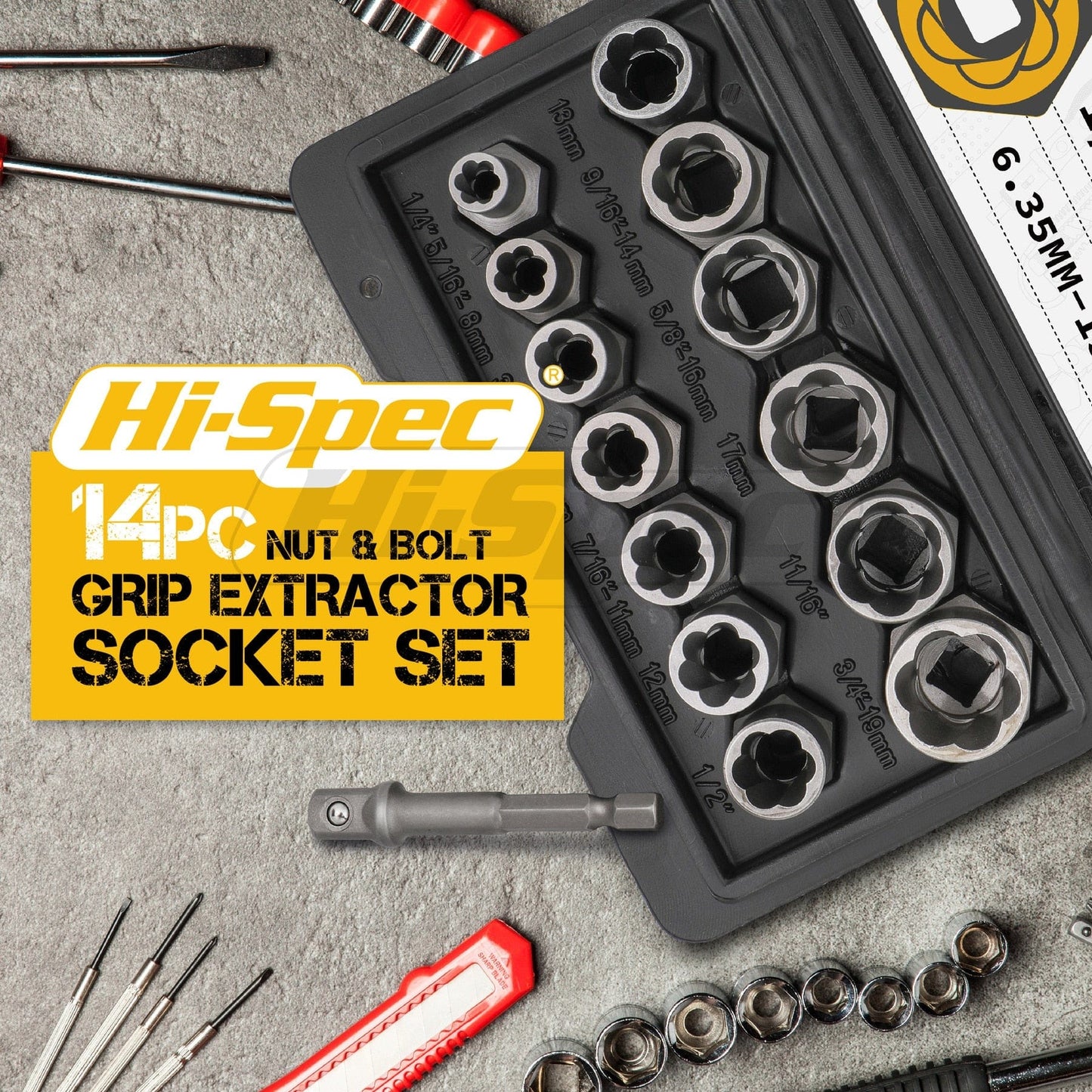 Hi-Spec 14-piece damaged screw extractor Cr-Mo steel bolt nut remover automotive tool set hand tool set 6.35 -19m in toolbox