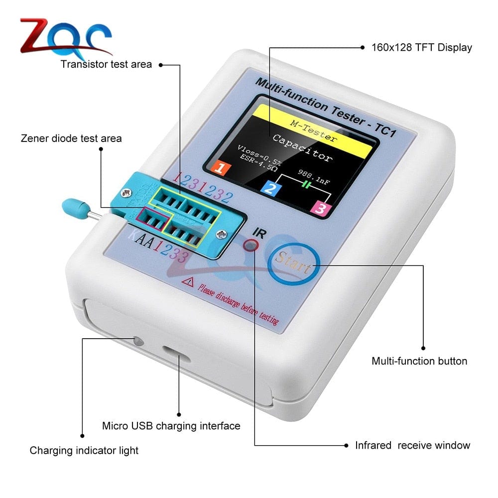 LCR-TC1 1.8" TFT LCD Display Multi-Meter Transistor Tester Diode Triode Capacitor Resistor Testing Device ESR LCR NPN PNP MOSFET COD