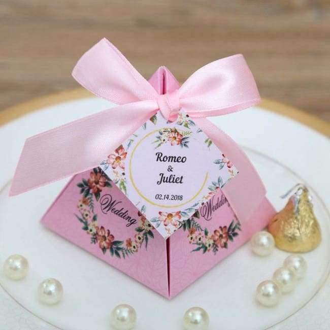 50 Stück Kostenloser Versand Pink/Lila/Tiffany Blau Florale Pyramidenehe Geschenke Süßigkeitenboxen Hochzeit Dusche Party Papier Geschenkbox