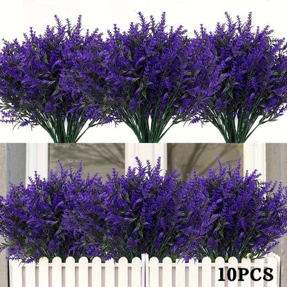 10 Bündel Künstliche Lavendelblumen Außen UV-beständige Fake Blumen Kein Verblassen Falsche Plastikpflanzen Garten Veranda Fensterbank Dekoration Innen Außen Hängender Pflanzer Zuhause Küche Büro Hochzeit Garten Dekor